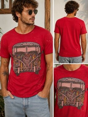 No Time Men’s S Psychedelic VW Van Red Hippie Distressed Graphic T-Shirt